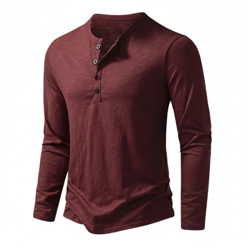 Burgundy Men's Henley Shirt with Button Placket & Relaxed Fit