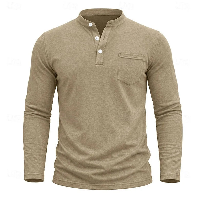 Men's Henley Shirt with Button Placket & Chest Pocket - Front Texture
