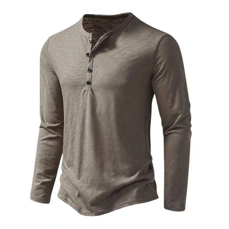 Khaki Men's Henley Shirt with Button Placket & Relaxed Fit — Oliver