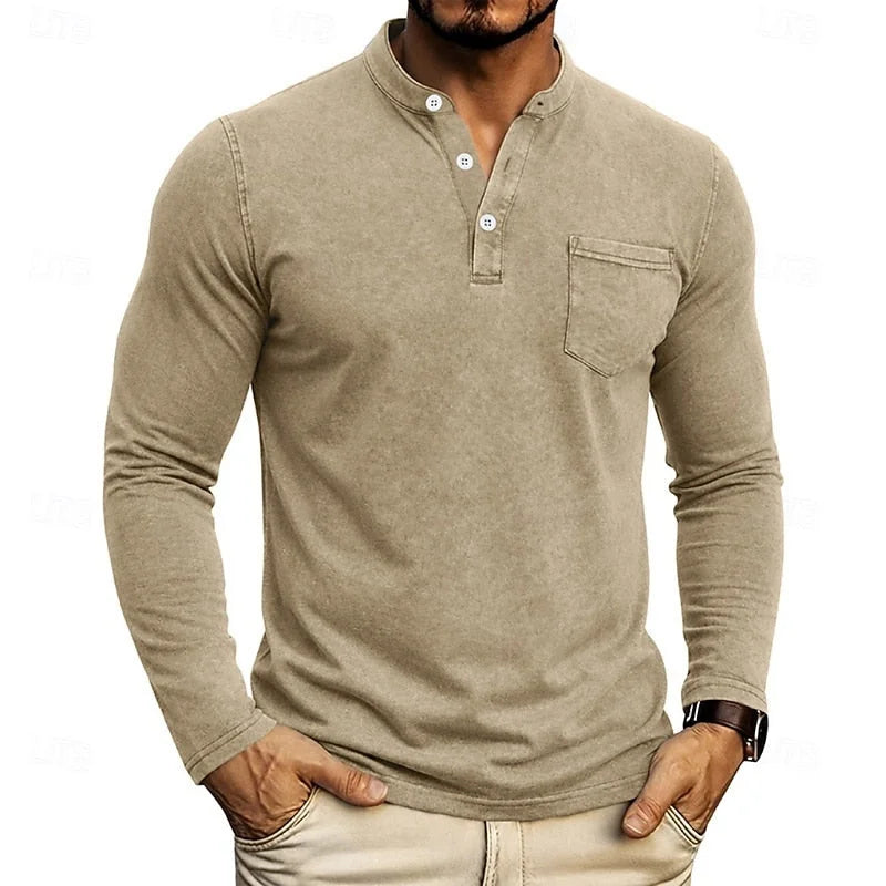Khaki Men's Henley Shirt with Button Placket & Chest Pocket