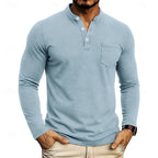 Light Blue Men's Henley Shirt with Button Placket & Chest Pocket - Front Relaxed