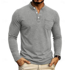Light Grey Men's Henley Shirt with Button Placket & Chest Pocket - Front Casual