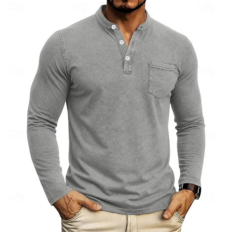 Light Grey Men's Henley Shirt with Button Placket & Chest Pocket - Front Casual