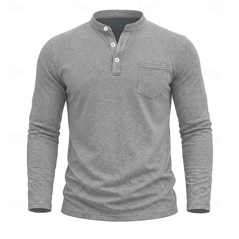 Men's Henley Shirt with Button Placket & Chest Pocket - Front Texture