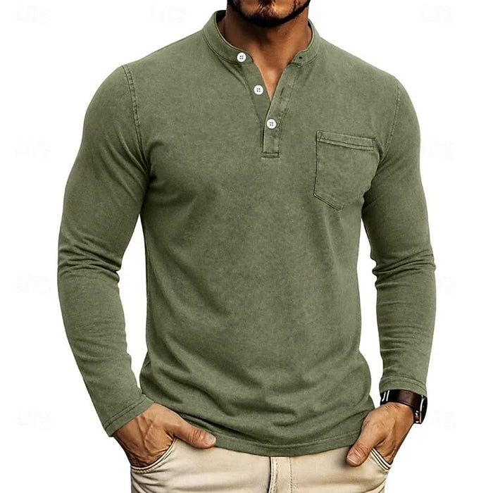 Military Green Men's Henley Shirt with Button Placket & Chest Pocket - Front Studio