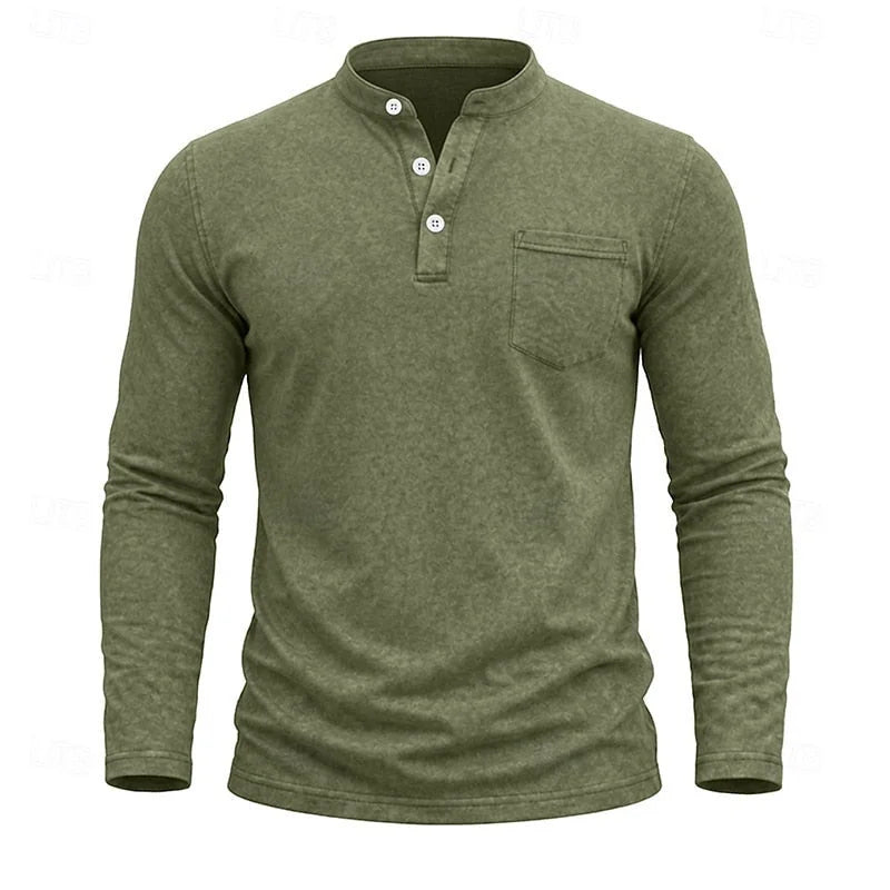 Men's Henley Shirt with Button Placket & Chest Pocket - Front Texture