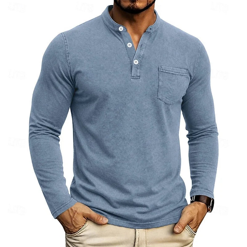 Navy Blue Men's Henley Shirt with Button Placket & Chest Pocket - Front Steel