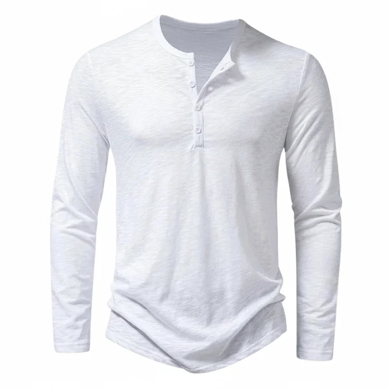 White Men's Henley Shirt with Button Placket & Relaxed Fit