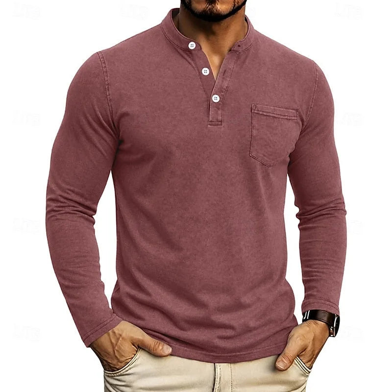 Wine Red Men's Henley Shirt with Button Placket & Chest Pocket - Front