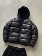 Black Men's Hooded Down Jacket with Zip Pockets & Relaxed Regular Fit