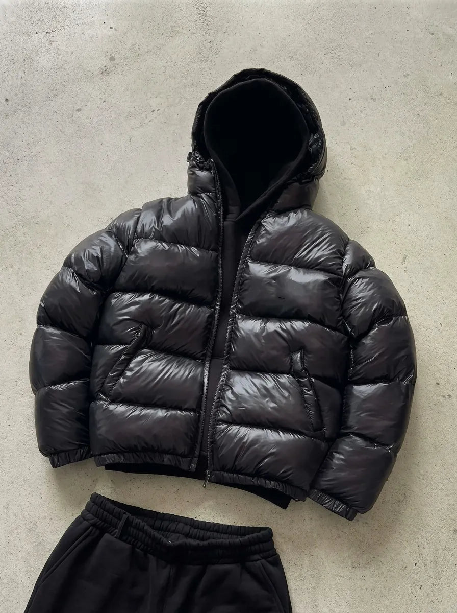 Black Men's Hooded Down Jacket with Zip Pockets & Relaxed Regular Fit