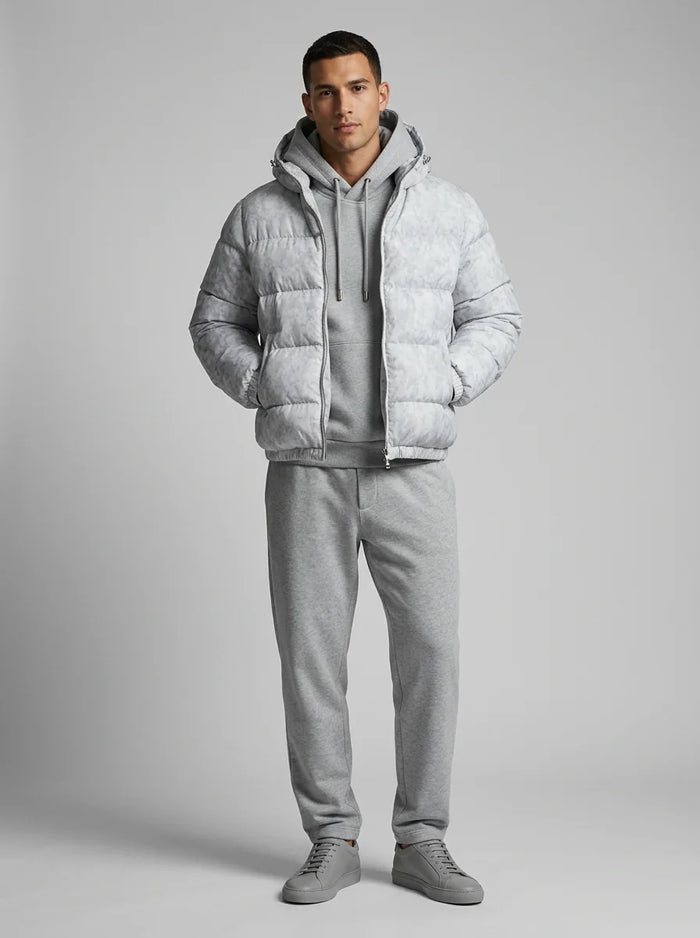 Men's Hooded Down Jacket with Zip Pockets & Relaxed Regular Fit - Front Full Worn