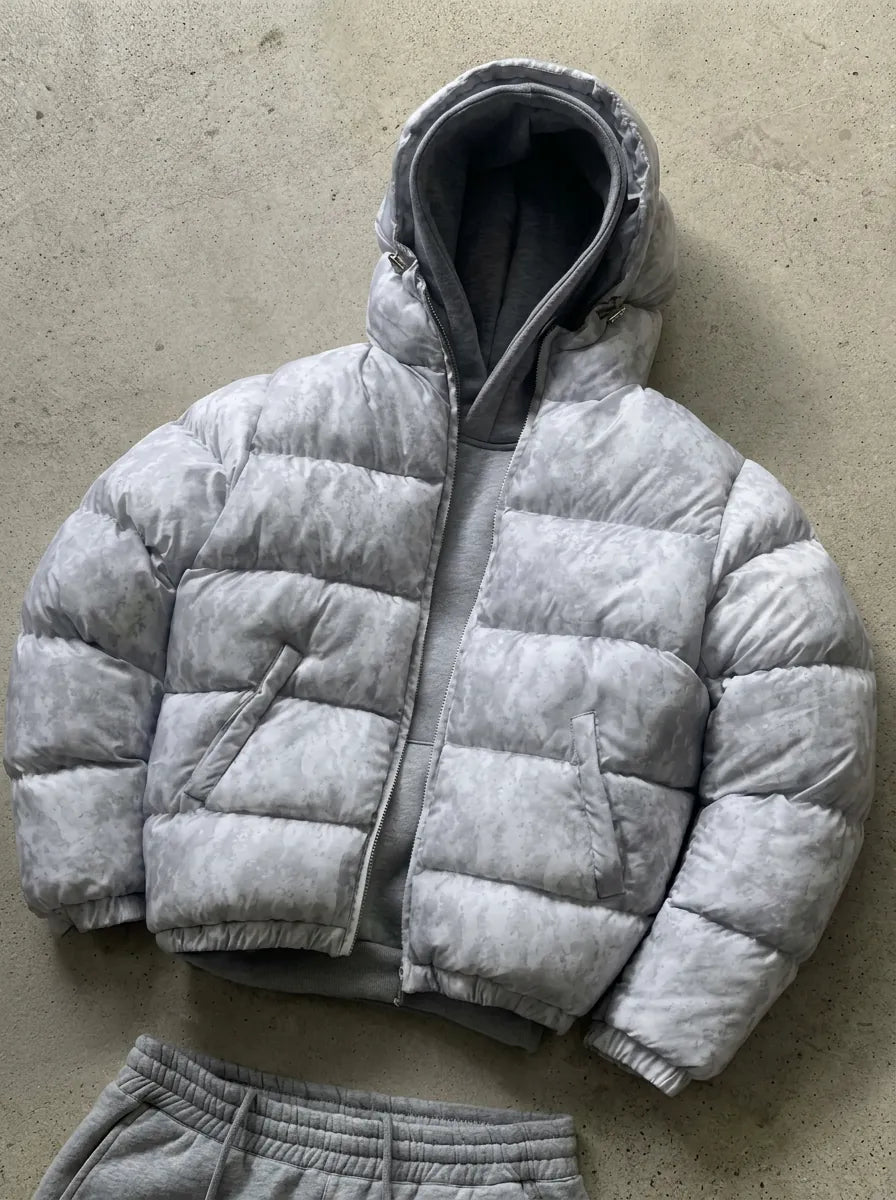 Grey Men's Hooded Down Jacket with Zip Pockets & Relaxed Regular Fit
