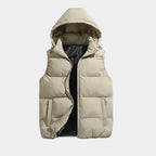 Beige Men's Hooded Puffer Vest with Adjustable Hood & Zip Pockets