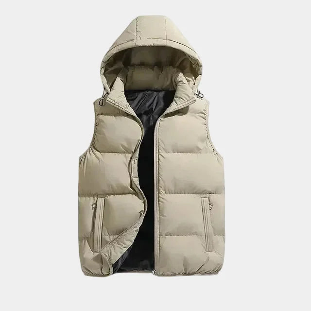 Beige Men's Hooded Puffer Vest with Adjustable Hood & Zip Pockets