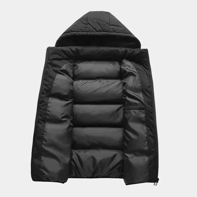 Men's Hooded Puffer Vest with Adjustable Hood & Zip Pockets - Flat Lay Open