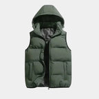 Green Men's Hooded Puffer Vest with Adjustable Hood & Zip Pockets