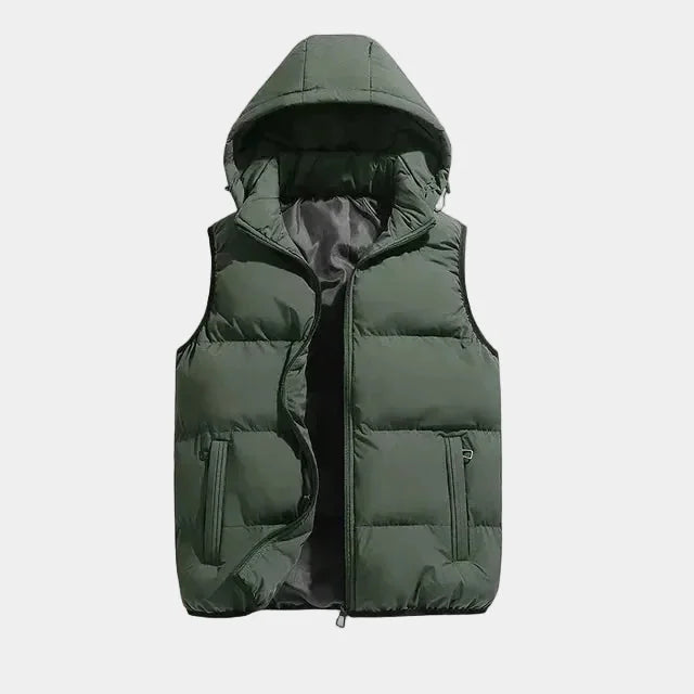Green Men's Hooded Puffer Vest with Adjustable Hood & Zip Pockets
