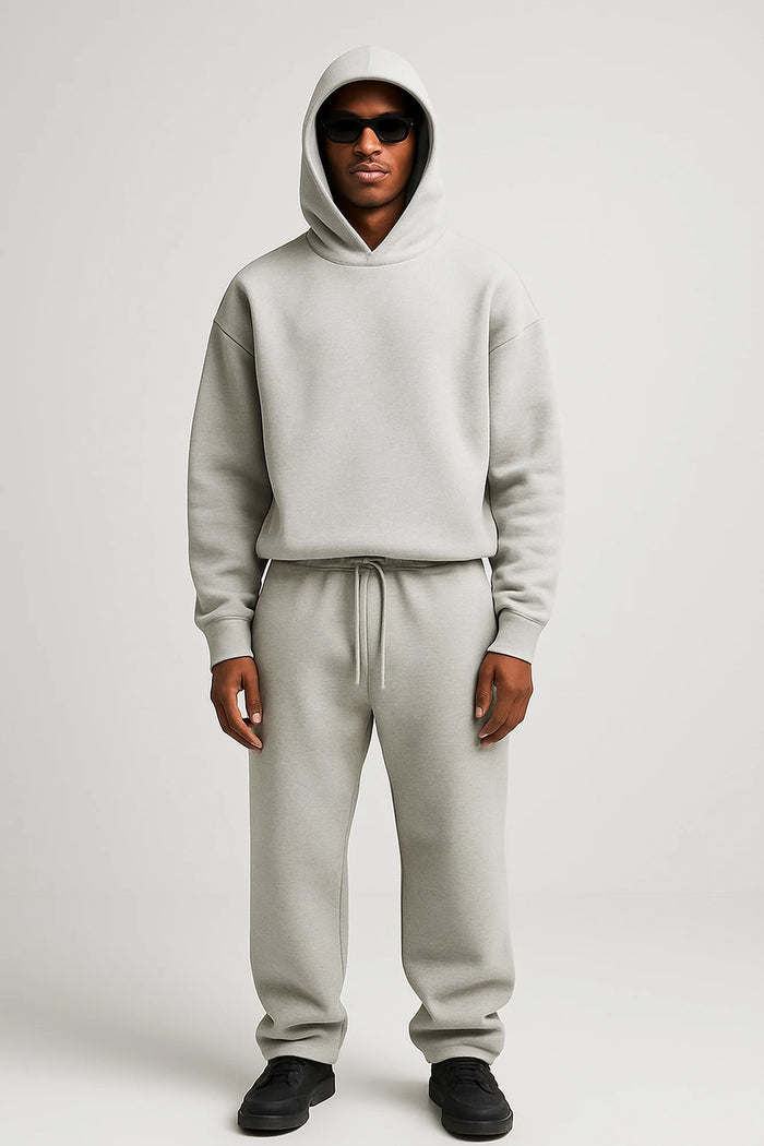 Light Grey Men's Hoodie Jogger Set with Relaxed Fit & Elastic Waistband