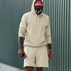 Apricot Men's Hoodie and Shorts Two Piece Set with Kangaroo Pocket & Drawstring Waist - Outdoor Front Casual