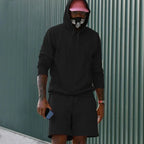 Black Men's Hoodie and Shorts Two Piece Set with Kangaroo Pocket & Drawstring Waist — Blake - Outdoor Front Dark