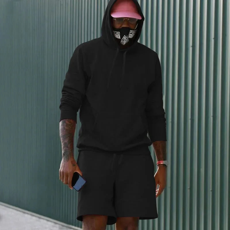 Black Men's Hoodie and Shorts Two Piece Set with Kangaroo Pocket & Drawstring Waist — Blake - Outdoor Front Dark