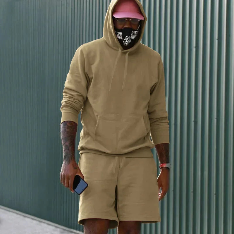 Camel Men's Hoodie and Shorts Two Piece Set with Kangaroo Pocket & Drawstring Waist - Outdoor Front Plain