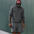 Dark Gray Men's Hoodie and Shorts Two Piece Set with Kangaroo Pocket & Drawstring Waist