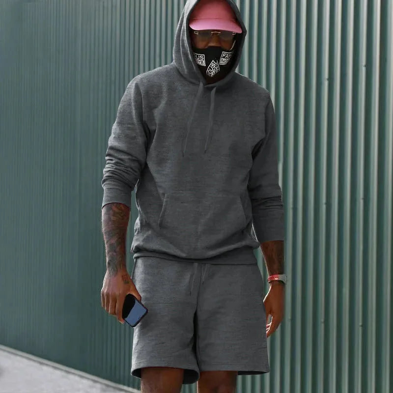 Dark Gray Men's Hoodie and Shorts Two Piece Set with Kangaroo Pocket & Drawstring Waist