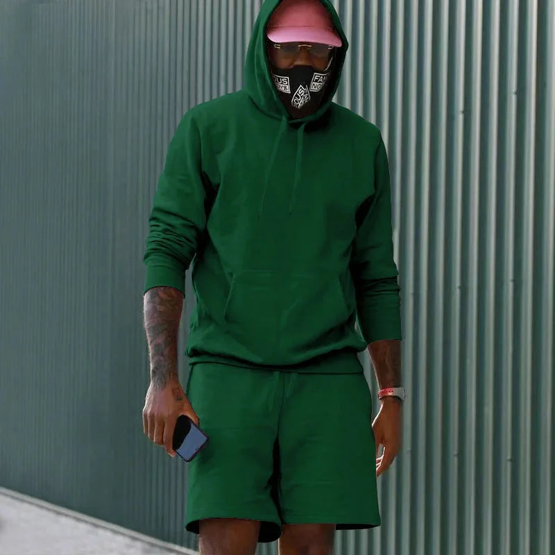 Dark Green Men's Hoodie and Shorts Two Piece Set with Kangaroo Pocket & Drawstring Waist - Outdoor Front Pose