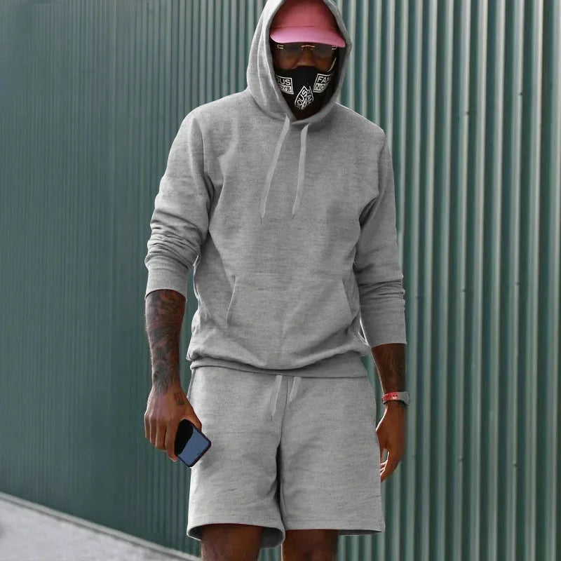 Light Grey Men's Hoodie and Shorts Two Piece Set with Kangaroo Pocket & Drawstring Waist - Outdoor Front