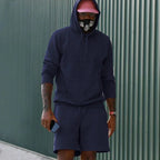 Navy Blue Men's Hoodie and Shorts Two Piece Set with Kangaroo Pocket & Drawstring Waist - Outdoor Front