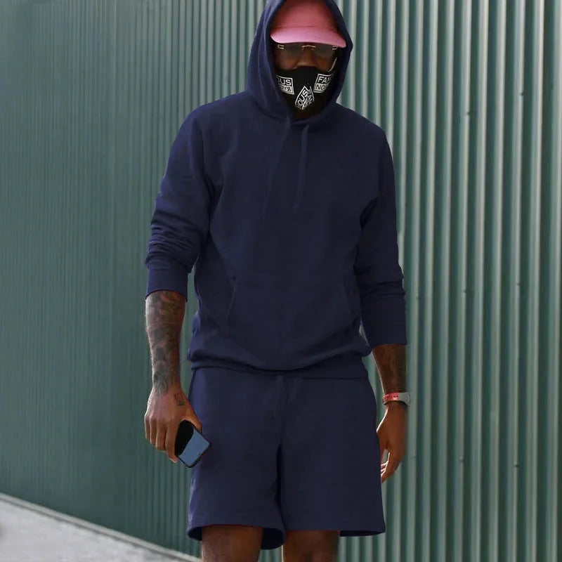 Navy Blue Men's Hoodie and Shorts Two Piece Set with Kangaroo Pocket & Drawstring Waist - Outdoor Front