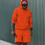 Orange Men's Hoodie and Shorts Two Piece Set with Kangaroo Pocket & Drawstring Waist