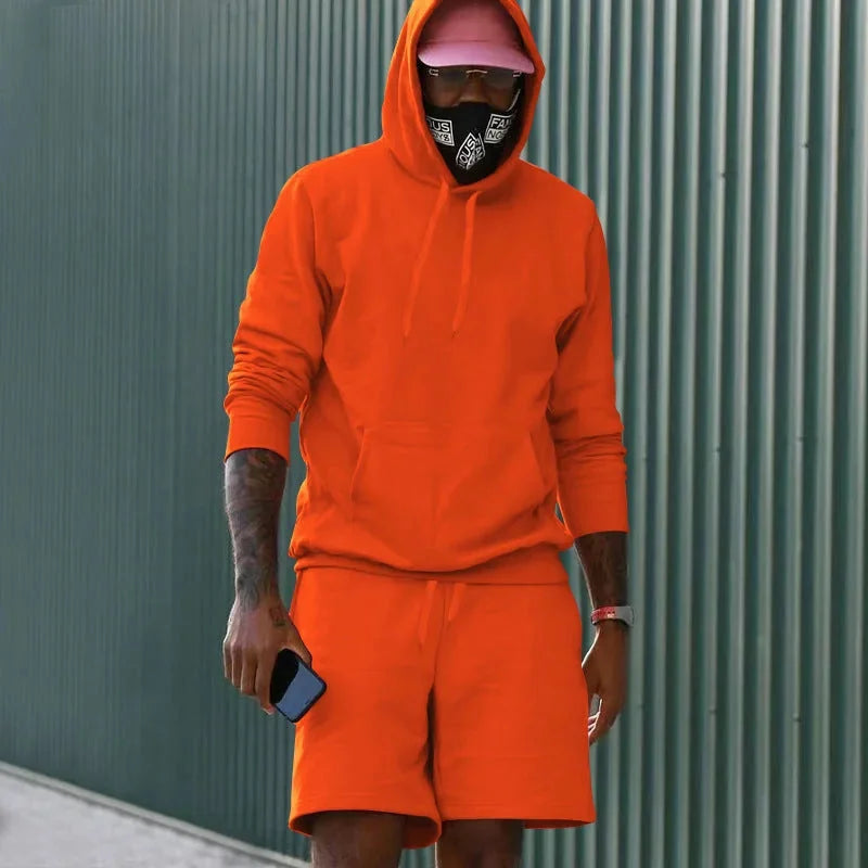Orange Men's Hoodie and Shorts Two Piece Set with Kangaroo Pocket & Drawstring Waist