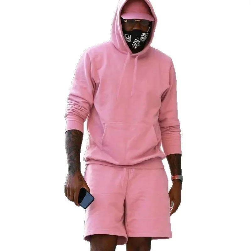 Pink Men's Hoodie and Shorts Two Piece Set with Kangaroo Pocket & Drawstring Waist — Blake - Front Full Standing