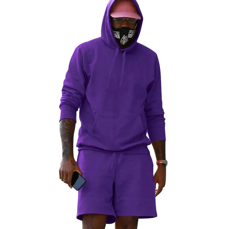 Purple Men's Hoodie and Shorts Two Piece Set with Kangaroo Pocket & Drawstring Waist — Blake - Front Full Studio