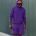 Violet Men's Hoodie and Shorts Two Piece Set with Kangaroo Pocket & Drawstring Waist - Outdoor Pose