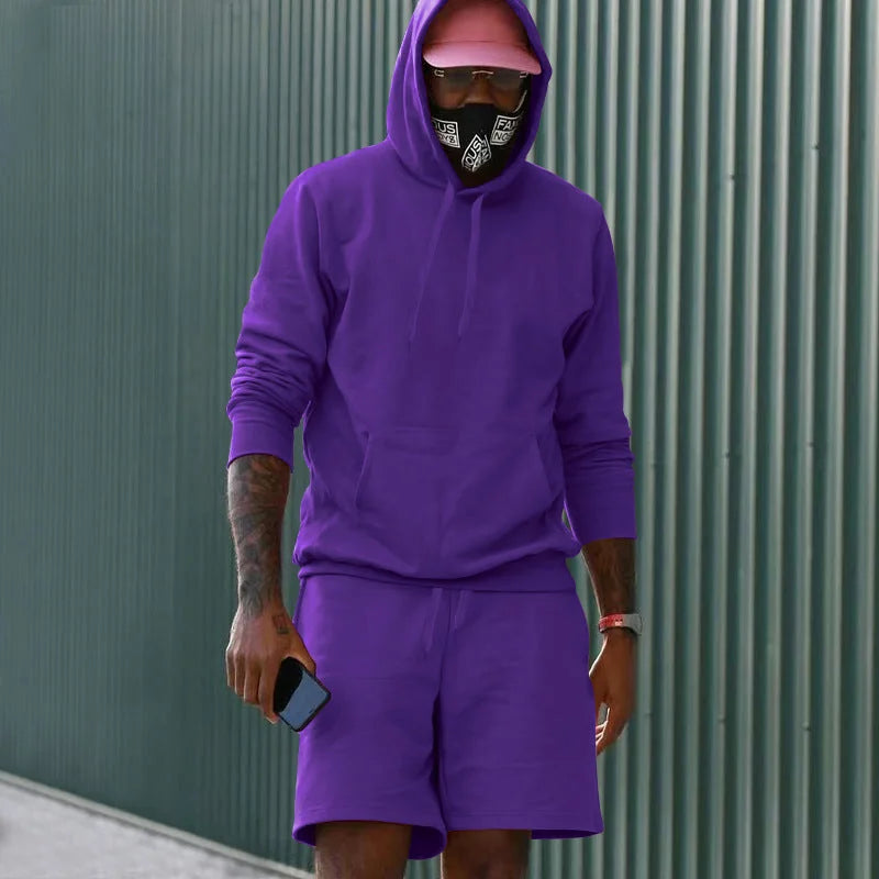 Violet Men's Hoodie and Shorts Two Piece Set with Kangaroo Pocket & Drawstring Waist - Outdoor Pose