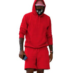 Red Men's Hoodie and Shorts Two Piece Set with Kangaroo Pocket & Drawstring Waist — Blake - Front Full Pose