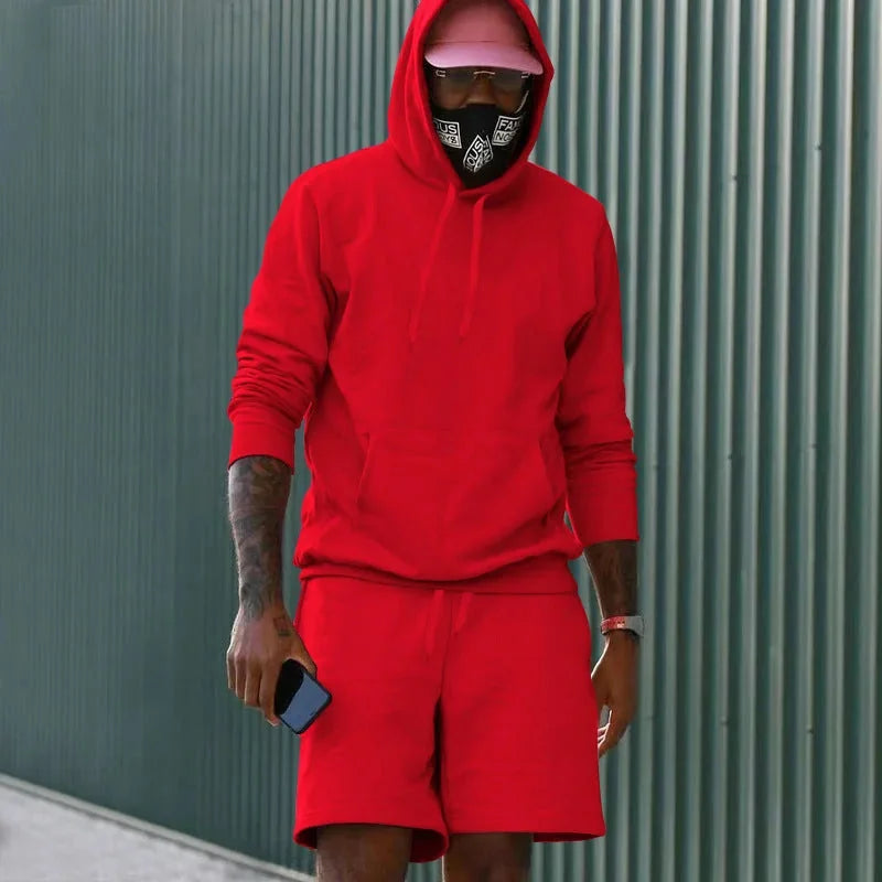 Red Men's Hoodie and Shorts Two Piece Set with Kangaroo Pocket & Drawstring Waist — Blake