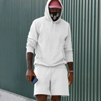 White Men's Hoodie and Shorts Two Piece Set with Kangaroo Pocket & Drawstring Waist - Outdoor Front Full