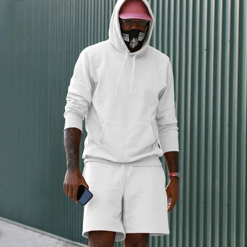 White Men's Hoodie and Shorts Two Piece Set with Kangaroo Pocket & Drawstring Waist - Outdoor Front Full