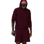 Wine Men's Hoodie and Shorts Two Piece Set with Kangaroo Pocket & Drawstring Waist — Blake - Red Front Full Hands