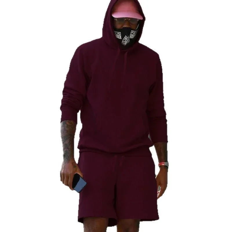 Wine Men's Hoodie and Shorts Two Piece Set with Kangaroo Pocket & Drawstring Waist — Blake - Red Front Full Hands