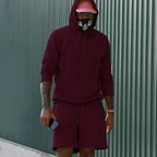 Wine Red Men's Hoodie and Shorts Two Piece Set with Kangaroo Pocket & Drawstring Waist - Outdoor Front Standing