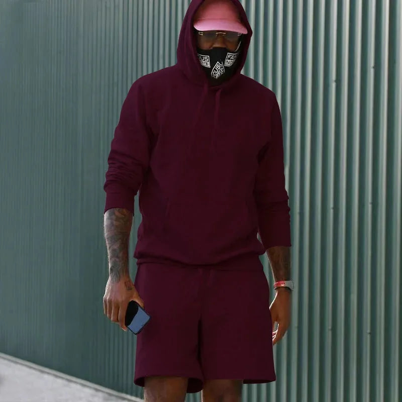 Wine Red Men's Hoodie and Shorts Two Piece Set with Kangaroo Pocket & Drawstring Waist - Outdoor Front Standing