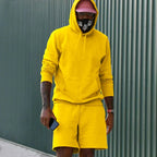 Yellow Men's Hoodie and Shorts Two Piece Set with Kangaroo Pocket & Drawstring Waist