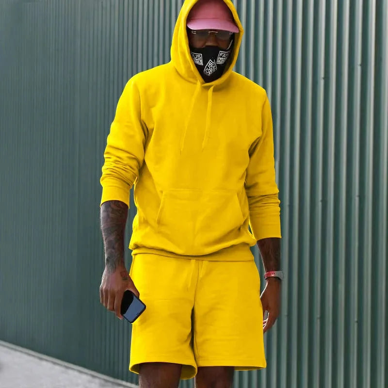 Yellow Men's Hoodie and Shorts Two Piece Set with Kangaroo Pocket & Drawstring Waist