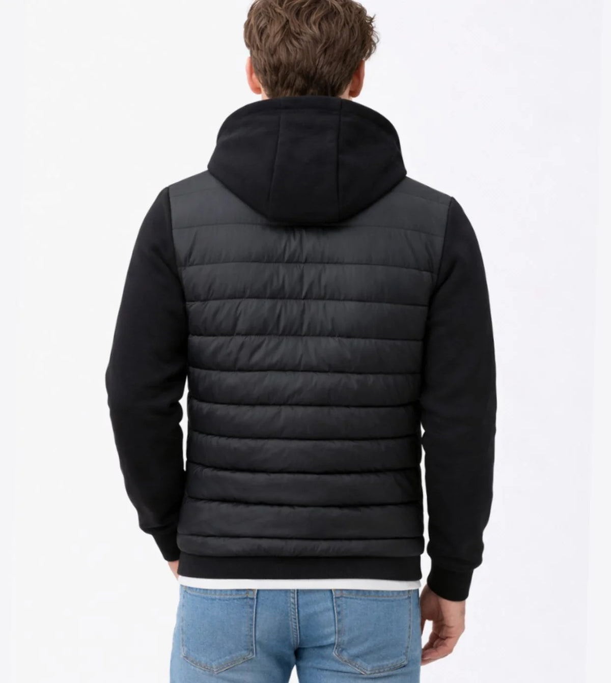 Black Men's Quilted Winter Jacket with Hood & Stretch Sleeves — Hudson - Back Full